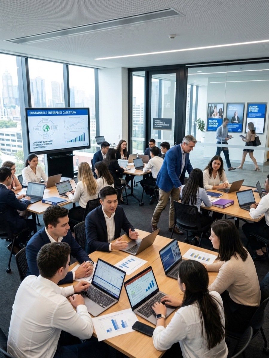 Business students working on laptops around tables in a private institute classroom while a lecturer helps