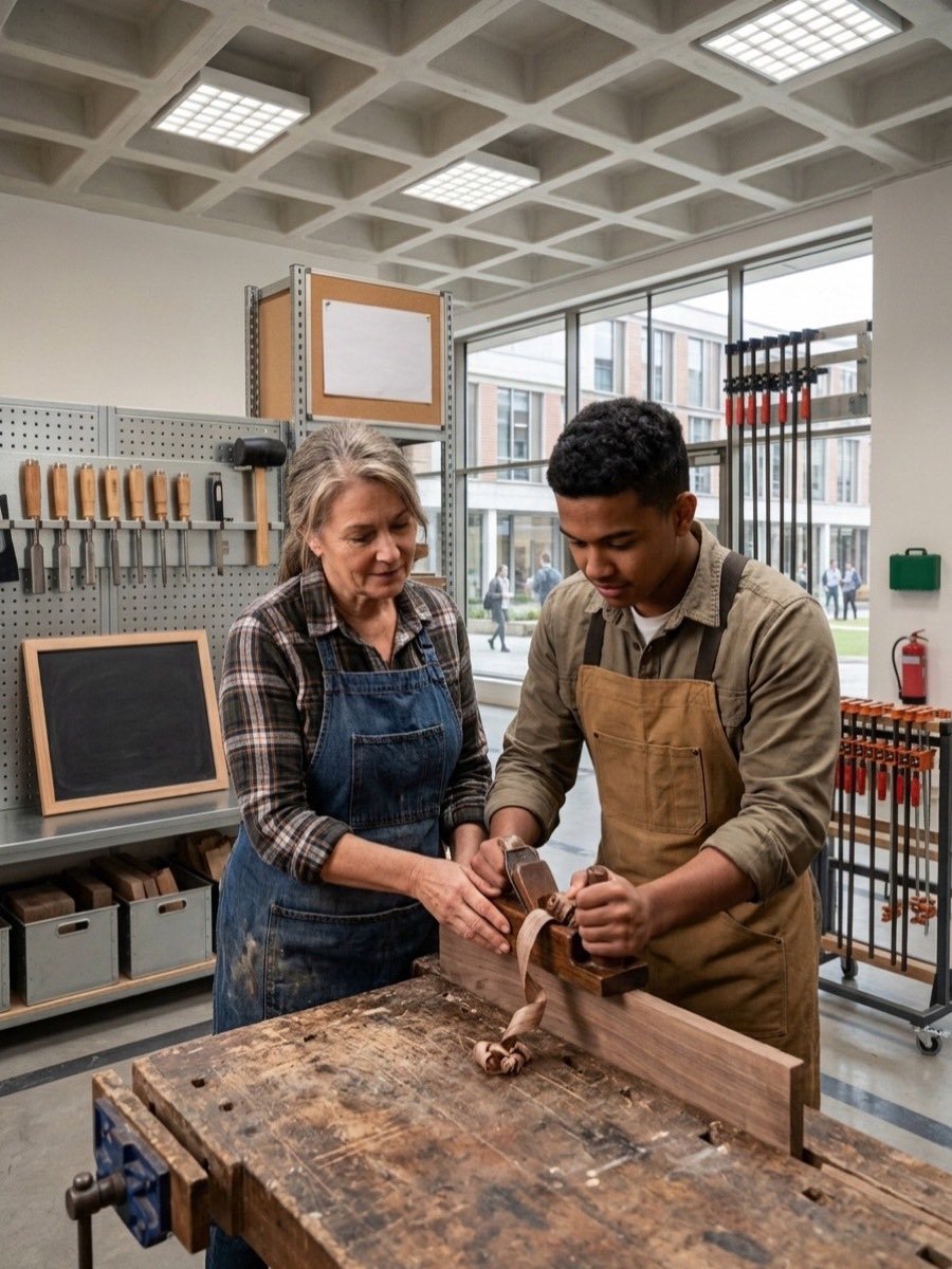 A trainer guiding an apprentice with a hand plane at a workbench in a campus workshop