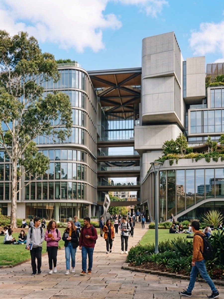 Students walking through a modern university campus between glass and concrete faculty buildings