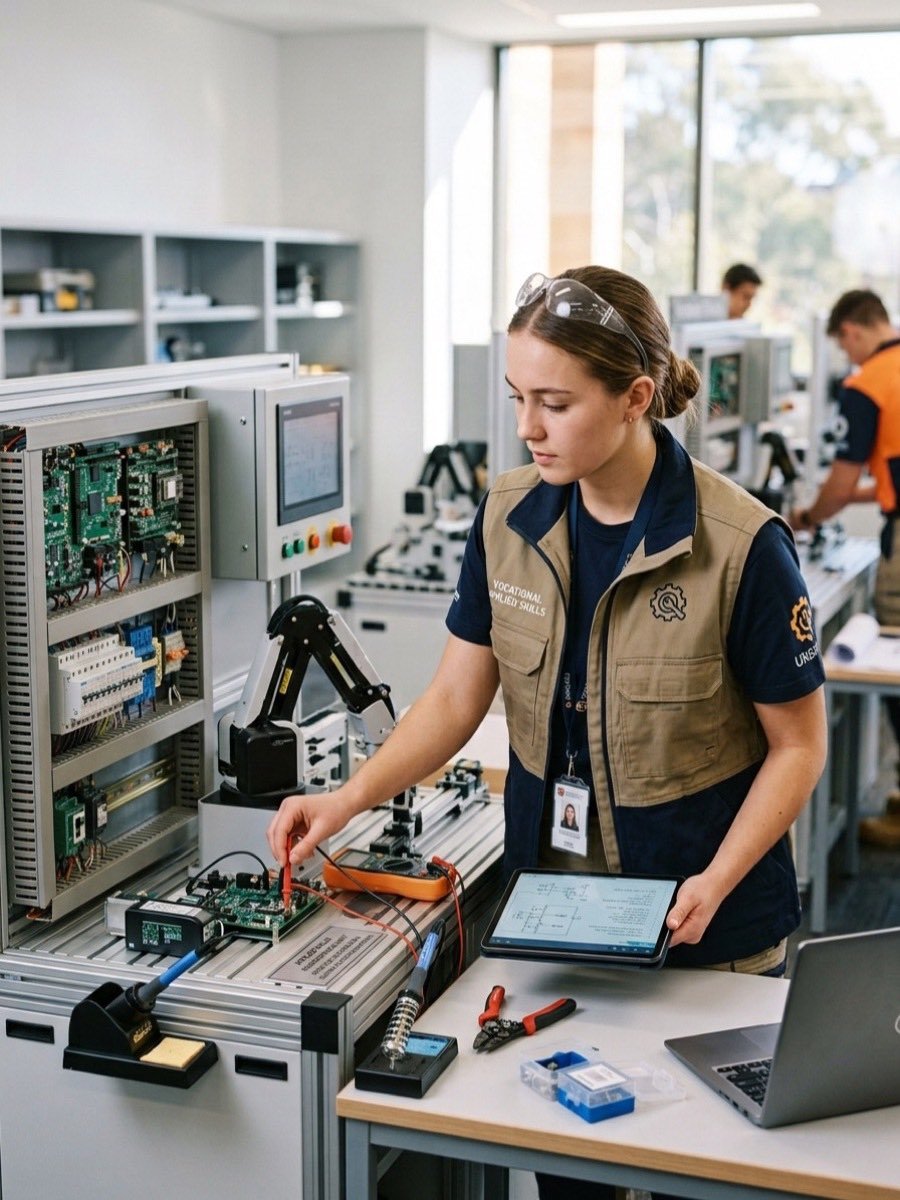 A vocational student testing a circuit board on a robotics training rig in an applied-skills lab