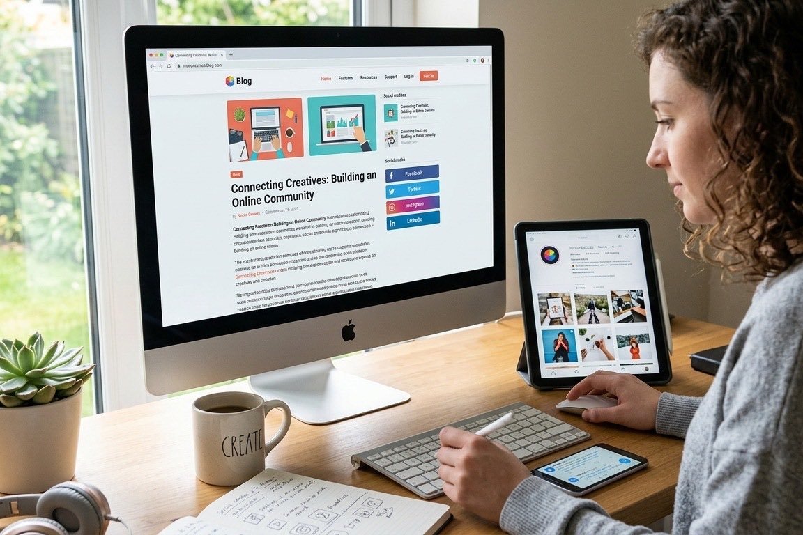 A woman reading an article on an iMac with a social media feed open on a tablet beside it