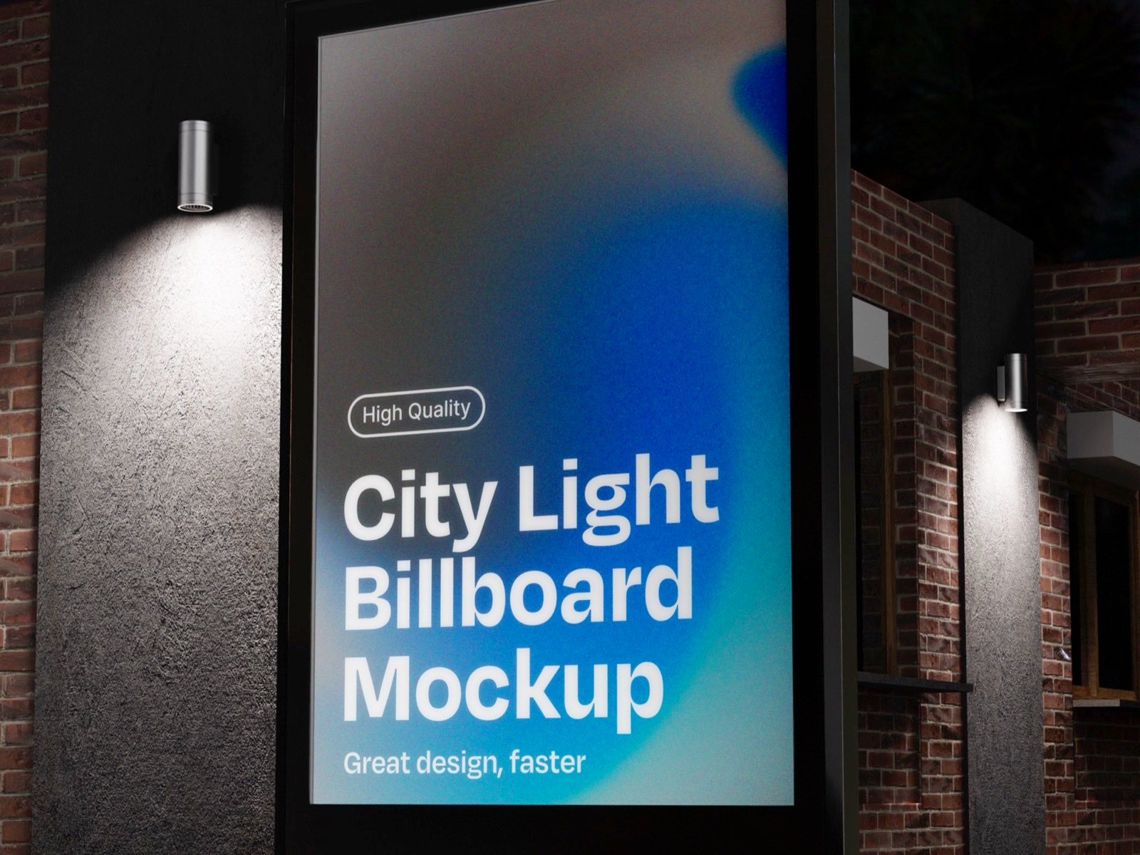An illuminated city-light billboard lit by spotlights on a street at night