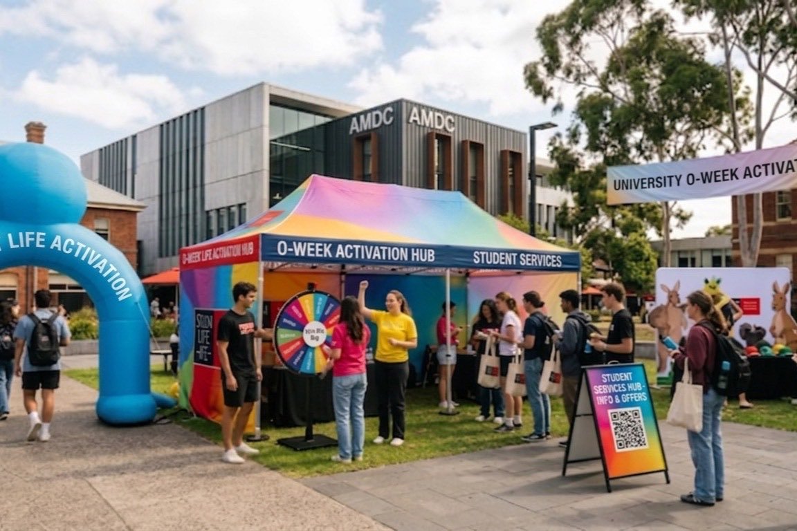 A university O-Week activation with a branded marquee, prize wheel and students queuing on the lawn